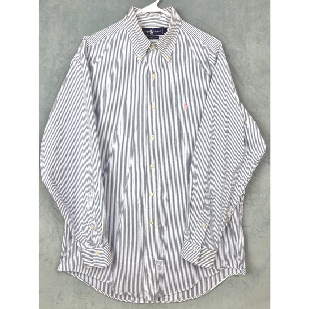Ralph Lauren Mens Large Blue White Striped Cotton Button Down Shirt Pink Pony